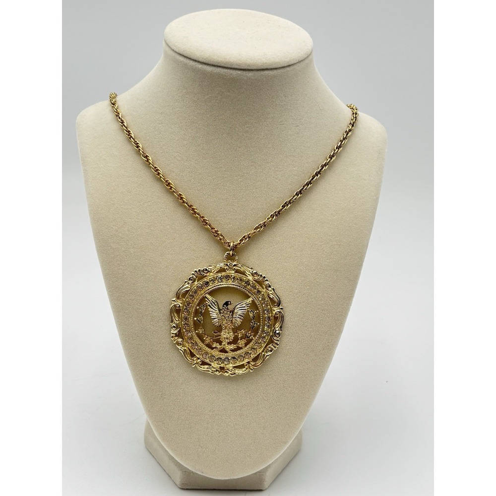 Vintage Royal Eagle Medallion Necklace Gold Tone Rhinestone Patriotic Statement